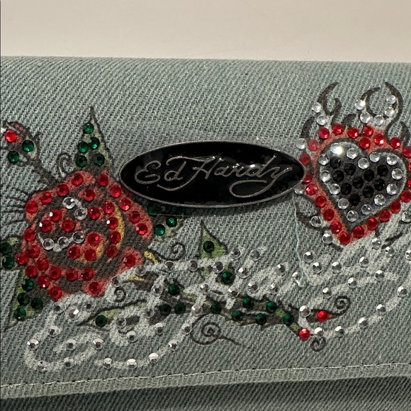 NWT Ed Hardy Denim Trifold Wallet with Creditcard, ID, Coin and Bill Compartment - Picture 2 of 8